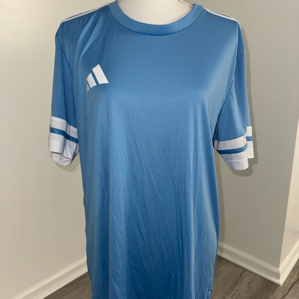 Adidas Slim Fit Blue White Striped Athletic T-Shirt Size L Jersey Style Tee‎